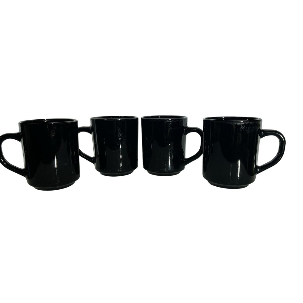 Set Of 4 Vintage ARC France Solid Black Handle Very Small 6 Oz Coffee Mugs